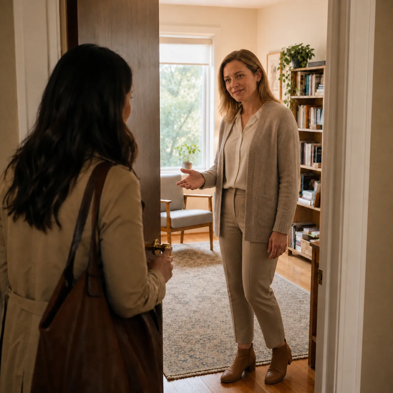 A therapist welcoming a client into her office at the door