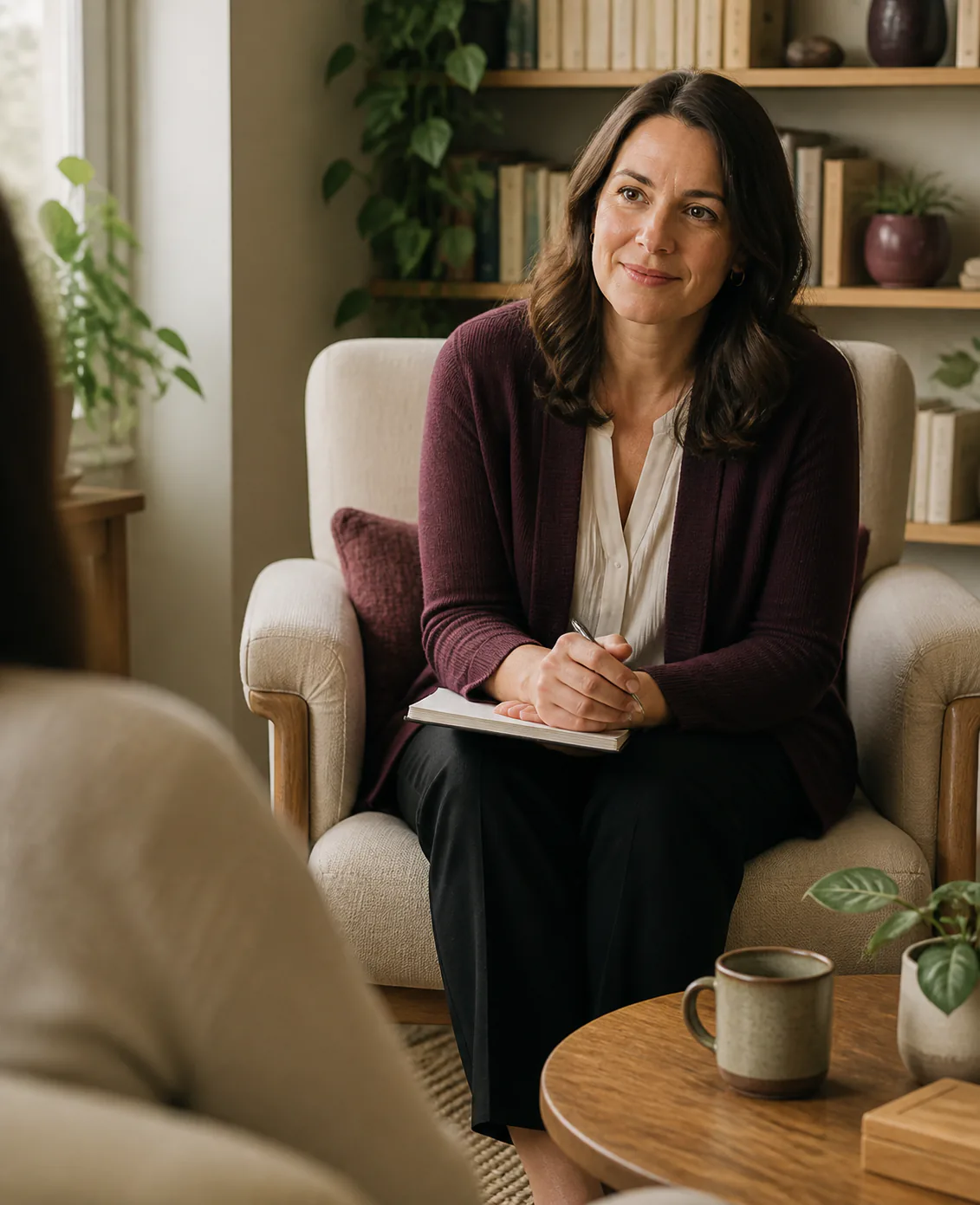 A therapist mid-conversation in a warm, plant-filled office