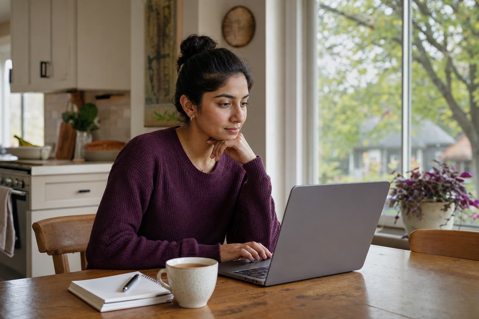 A woman comparing options on a laptop at her kitchen table