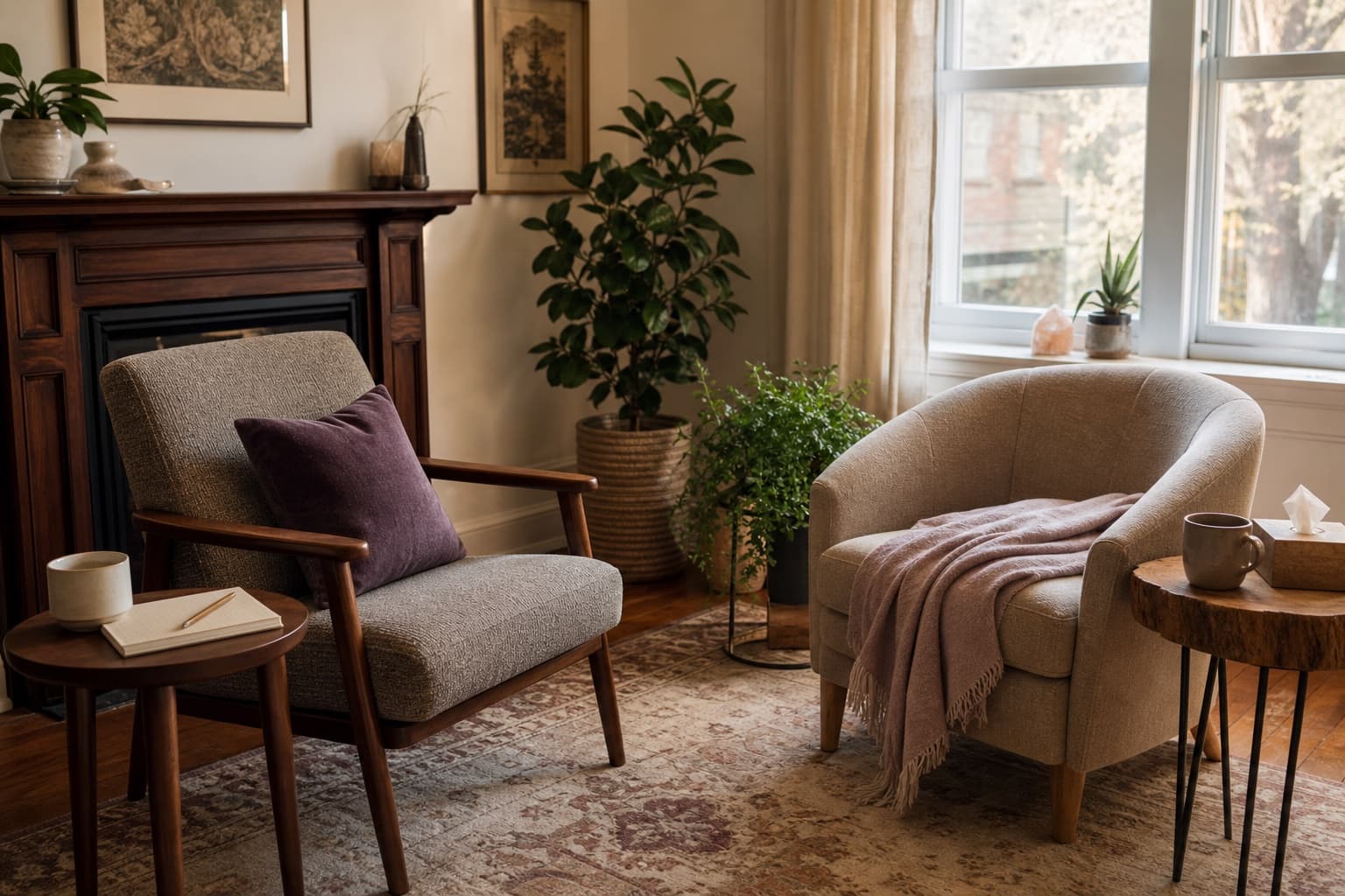 Two distinct chairs arranged for conversation in a warm room