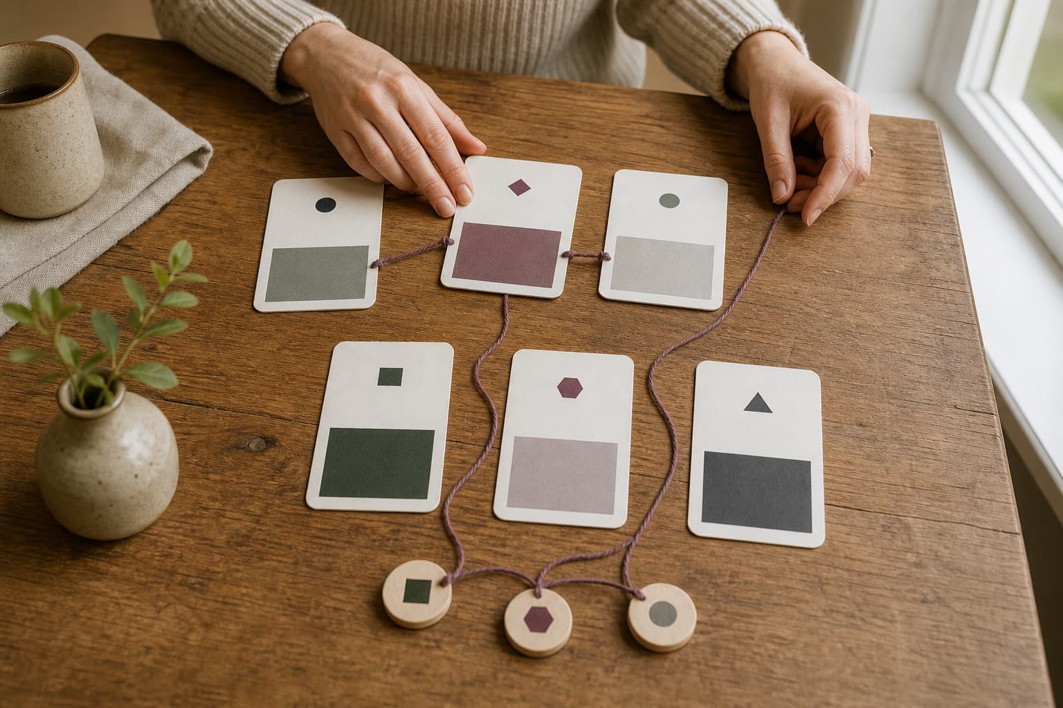 A person sorting abstract profile cards using preference tokens