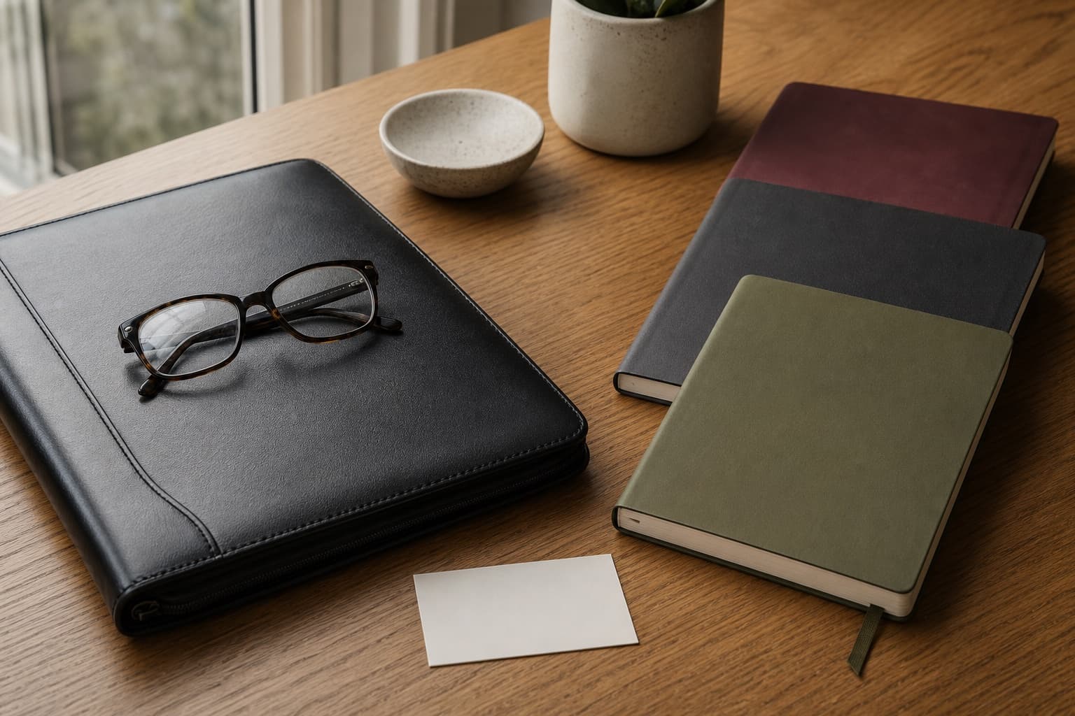 Glasses resting on a black portfolio beside notebooks on a wooden desk