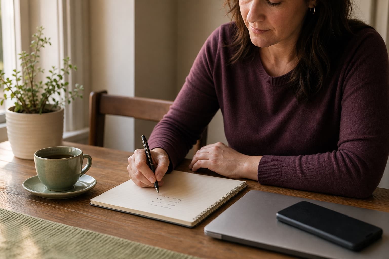 A woman writing questions in a notebook beside a closed laptop