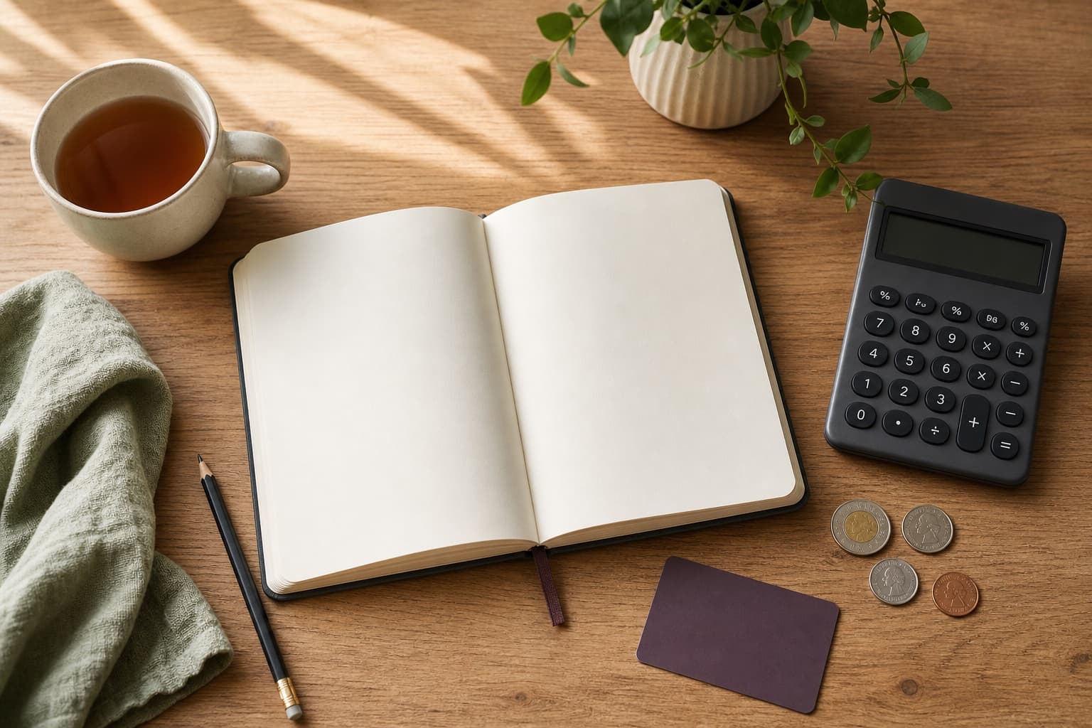 A blank notebook, calculator, tea, and coins arranged on a table